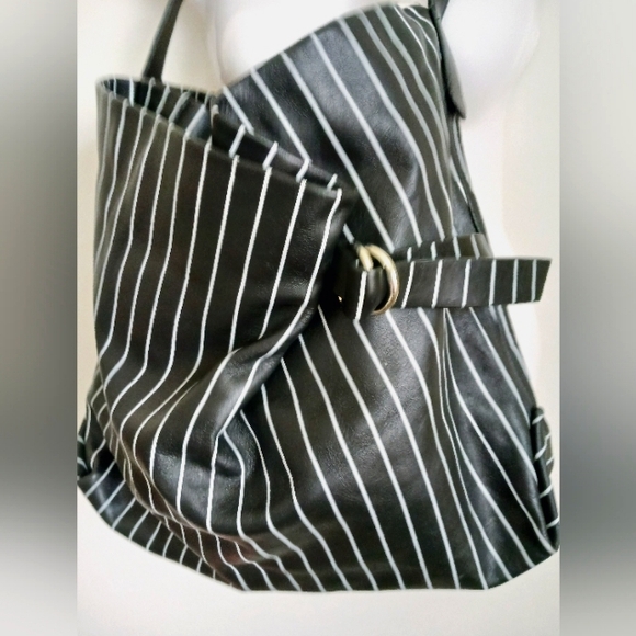 ZARA XL Pinstriped Leather Trim Shoulder Bag NEW NWOT - Picture 2 of 6